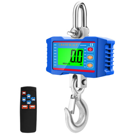 Balance à crochet numérique pour grue 1000 kg, robuste avec écran LCD rétroéclairé, changement d'unité, maintien données, tare et remise à zéro.