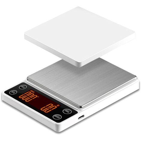 Balance à expresso avec minuteur, précision 3 kg/0,1 g, balance numérique portable rechargeable pour grains de café, tare automatique, débit d'eau intelligent, blanche.