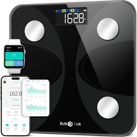 Balance Corps - Analyseur Composition Corporelle 13 Paramètres - Technologie BIA - Affichage LCD Grand Écran - Capacité 180 kg - Pour Famille Jusqu'à 24 Profils