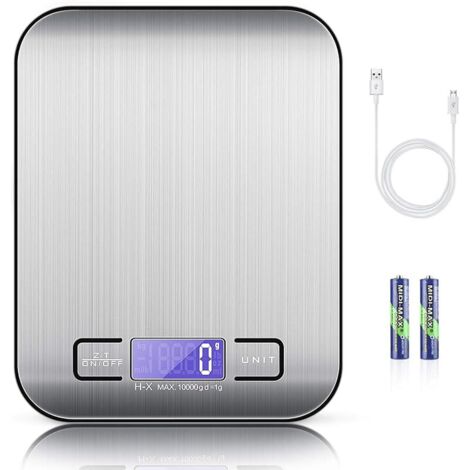 Balance Cuisine Electronique avec Câble USB, Balance de Précision 10kg/1g Balance Electronique Acier INOX Balance Alimentaire Numérique, Écran LCD Rétroéclairé,Fonction Tare,Piles Fournies