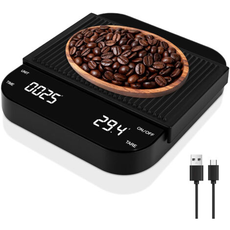 Balance de Cuisine, Balance à Café 3kg/0.1g, Balance à Espresso, Balances Alimentaires de Précision, USB, Coffee Scale avec Minuteur, Affichage LED, Fonction Tare