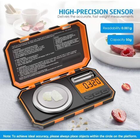Balance de cuisine, balance de poche numérique 50 g/0,001 g, balance alimentaire de précision 0,001 g, avec étalonnage du poids de 50 g, pince à épiler, fonction d'épluchage et écran LCD rétroéclairé.