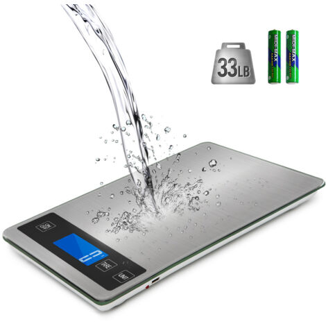 Balance de Cuisine Electronique, Balance Alimentaire Numérique de Précision 1g en Acier Inoxydable, Capacité 15kg/ 33lb, Grande Plate-forme de 23 x 16 cm, Écran LCD Rétroéclairé, Verre Trempé