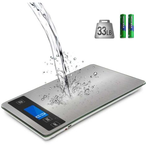 Balance de Cuisine Electronique, Balance Alimentaire Numérique de Précision 1g en Acier Inoxydable, Capacité 15kg/ 33lb, Grande Plate-forme de 23 x 16 cm, Écran LCD Rétroéclairé, Verre Trempé