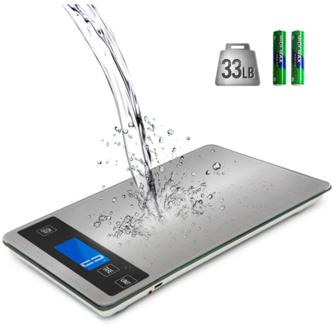 Balance de cuisine électronique, balance alimentaire numérique de précision au 1 g en acier inoxydable, capacité de 15 kg, large plateau de 23 x 16 cm, écran LCD rétroéclairé, Te-AquaForge
