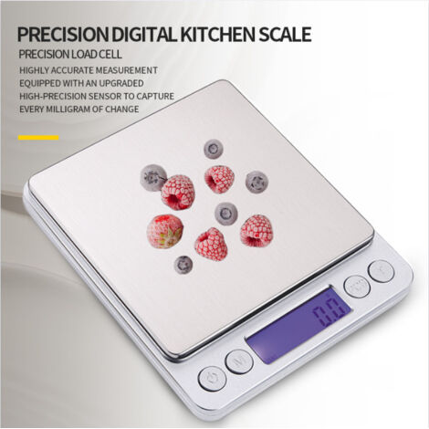 Balance de cuisine électronique, pesage de haute précision jusqu'à 0,1 g, panneau en acier inoxydable, écran LCD, balance portable au gramme près, poids maximum 3 kg.