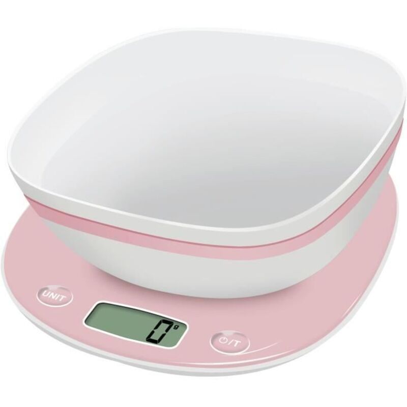 Terraillon - Balance de Cuisine Electronique de Precision Macaron Rose + Bol - Capacité 5 kg - Graduation 1 g - Conversion liquides