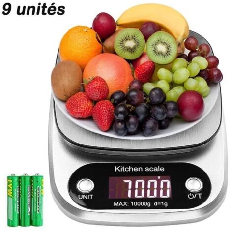 Balance de cuisine numérique 10kg/1g - En acier inoxydable - Haute précision écran LCD - 9 unités de pesage( batterie incluse)