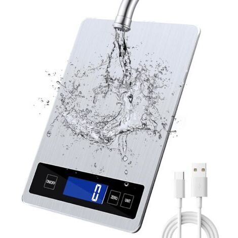 Balance de cuisine numérique 15 kg avec écran LCD + acier inoxydable + verre trempé - Précision jusqu'à 1 g - g/kg/lb et autres unités Peut être chargée par TYPE-C et batterie