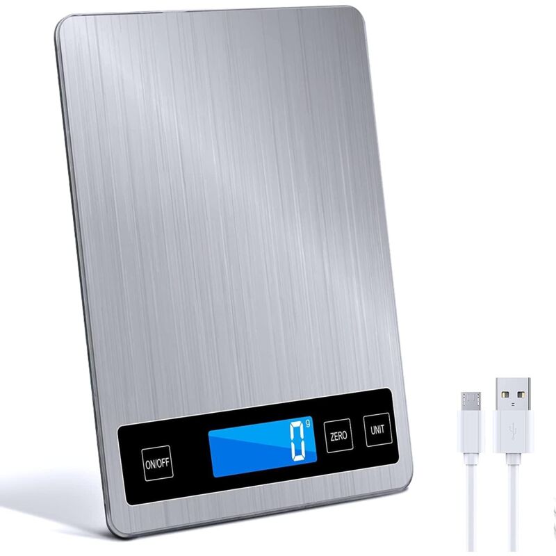 Tigrezy - Balance de cuisine numérique 15 kg avec écran lcd + acier inoxydable + verre trempé - Précision jusqu'à 1 g - g/kg/lb:oz/ml/fl'oz - type-c