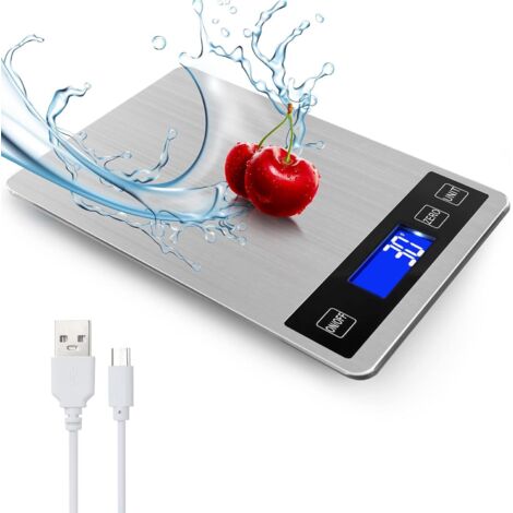 Balance de cuisine numérique 15kg avec afficheur LCD + acier inoxydable + verre trempé - Précision jusqu'à 1g - g/kg/lb:oz/ml/fl'oz -batterie