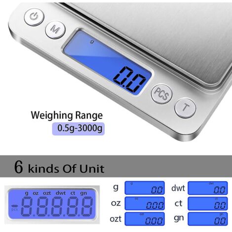 Balance de cuisine numérique 3000 g / 0,1 g, balance de poche avec conversion 6 unités, balance en grammes avec 2 plateaux