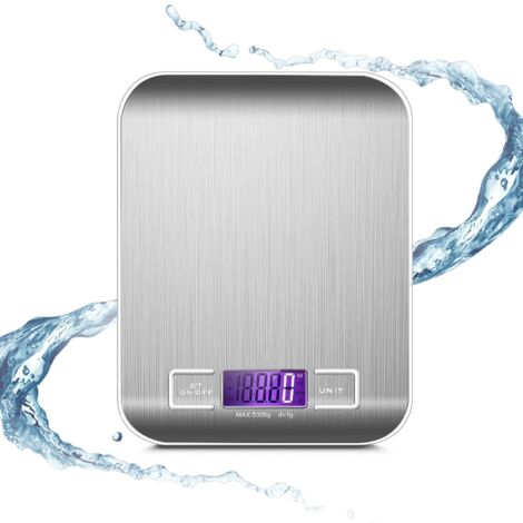 Balance de cuisine numérique de 5 kg avec écran LCD rétroéclairé, en acier inoxydable durable et élégant, pour peser les aliments en grammes, livres et millilitres.-AquaForge