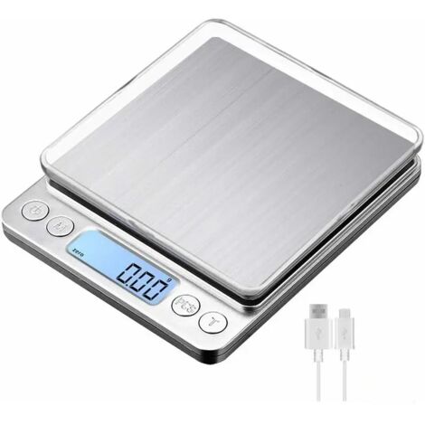 Balance de cuisine numérique rechargeable USB 3 kg/0,1 g, balance de pâtisserie numérique, balance alimentaire, balance électronique de précision, plateau de pesée en acier inoxydable, fonction tare-A