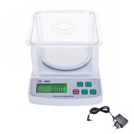 Balance de laboratoire numérique avec fonction de comptage, couvercle coupe-vent, plateau de pesée en acier inoxydable, écran LCD rétroéclairé, adaptateur secteur et plusieurs unités de pesée.