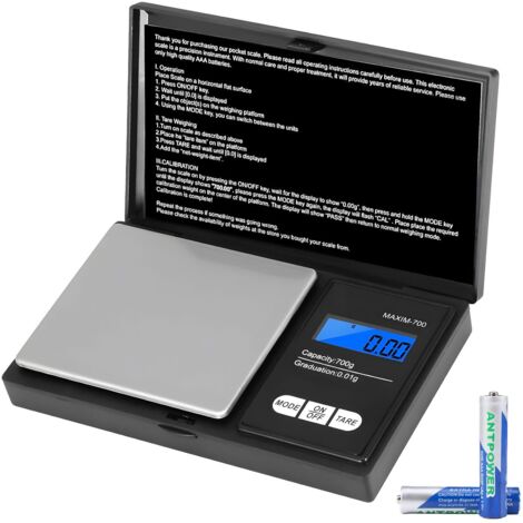 Balance de précision - 1 unité - Acier inoxydable - Pesée 0,01g à 700g - Cuisine et bijoux - Noir