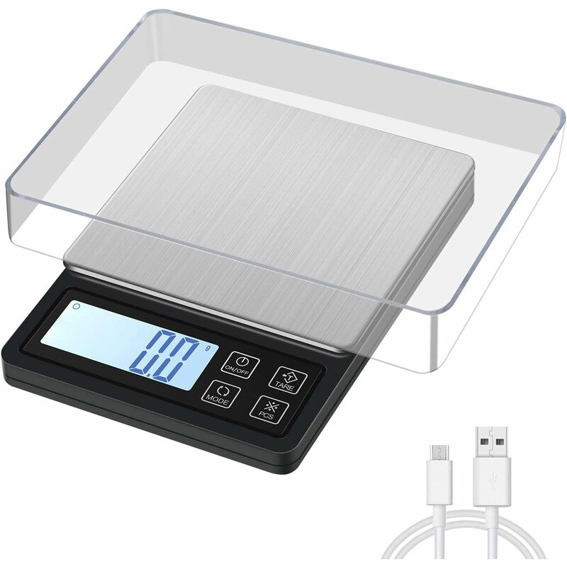 Balance de Précision avec Cable usb, 3 kg/0.1 g Balance de Cuisine Numérique Balance de Poche, Balance de Bijoux avec Fonction Tare et Compte, écran