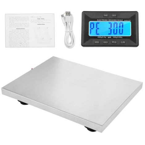 Balance d'expédition 450 kg / 992 lb, robuste, en acier inoxydable, avec affichage sans fil, fonction tare et 3 unités de mesure. Balance postale numérique pour colis, bureau de poste et domicile.