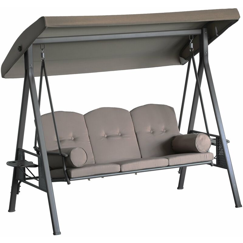 Outsunny - Balancelle de jardin 3 places grand confort toit inclinaison réglable coussins plateaux rétractables polyester filé marron - Marron