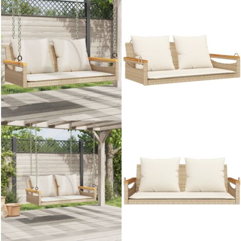 Balancelle avec coussins beige 109x62x40 cm résine tressée - Balancelle De Jardin - Banc De Jardin - Chaise Suspendue - Fauteuil Extérieur - Relax  Jardin - Home & Living