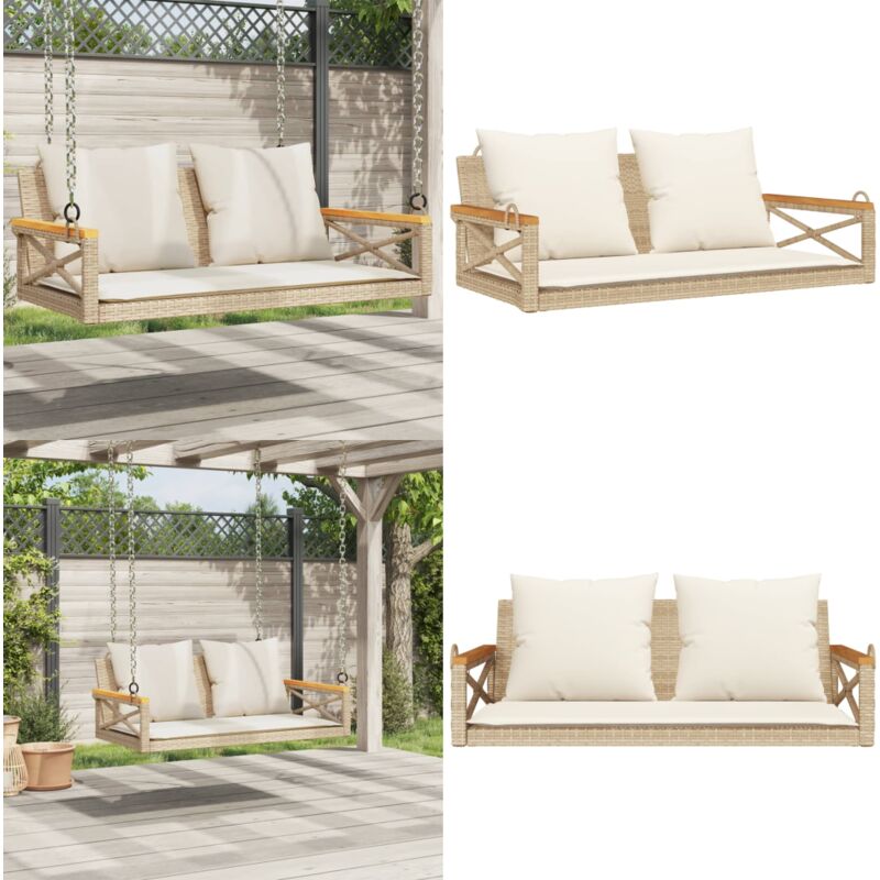 Balancelle avec coussins beige 109x62x40 cm résine tressée - Balancelle De Jardin - Banc De Jardin - Chaise Suspendue - Fauteuil Suspendu - Relax
