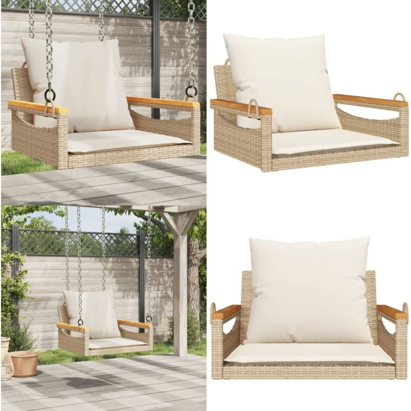 Balancelle avec coussins beige 63x62x40 cm résine tressée - Balancelle De Jardin - Banc De Jardin - Chaise Suspendue - Fauteuil Suspendu - Mobilier