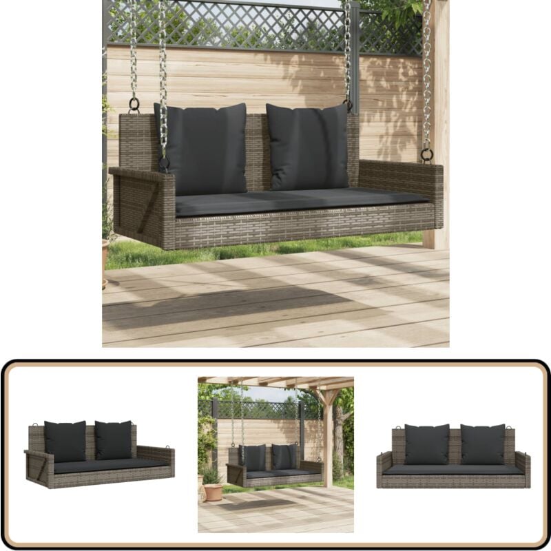 Balancelle avec coussins gris 119x56x48 cm résine tressée - Balancelle De Jardin - Banc De Jardin - Chaise Suspendue - Fauteuil Suspendu - Relax