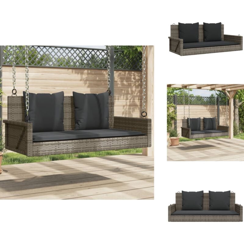 Balancelle avec coussins gris 119x56x48 cm résine tressée - Balancelle De Jardin - Banc De Jardin - Chaise Suspendue - Fauteuil Suspendu - Relax