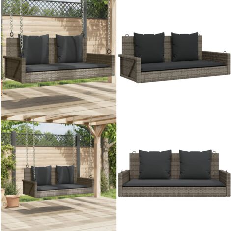 Balancelle avec coussins gris 119x56x48 cm résine tressée - Balancelle De Jardin - Banc De Jardin - Chaise Suspendue - Fauteuil Suspendu - Relax  Jardin - Home & Living