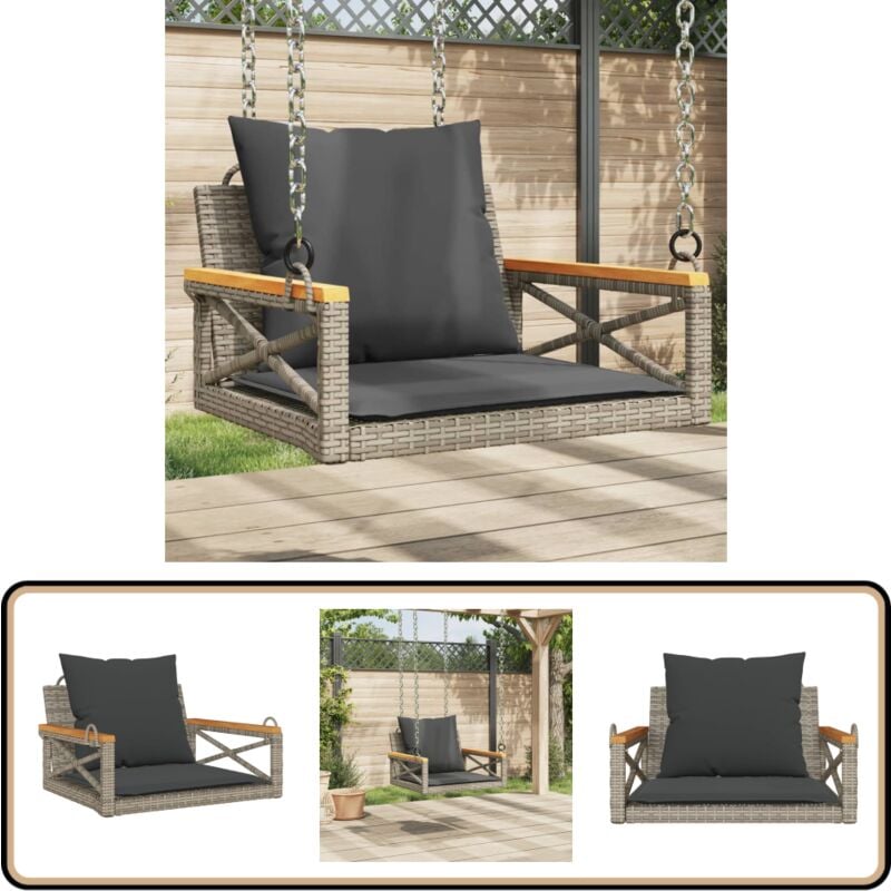 Balancelle avec coussins gris 63x62x40 cm résine tressée - Balancelle De Jardin - Banc De Jardin - Chaise Suspendue - Fauteuil Suspendu - Mobilier