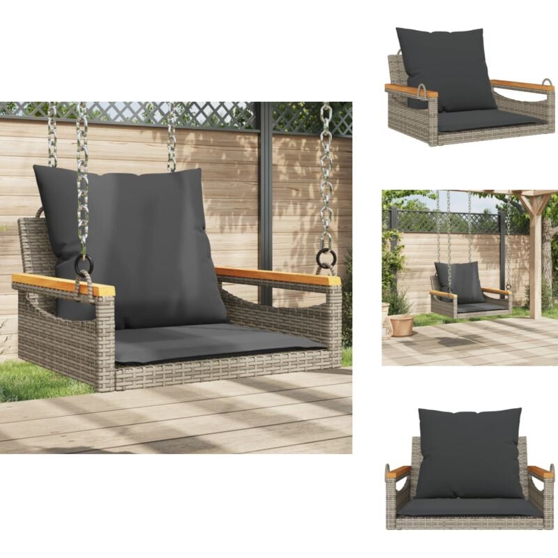 Balancelle avec coussins gris 63x62x40 cm résine tressée - Balancelle De Jardin - Banc De Jardin - Chaise Suspendue - Fauteuil Suspendu - Mobilier