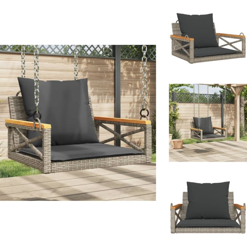 Balancelle avec coussins gris 63x62x40 cm résine tressée - Balancelle De Jardin - Banc De Jardin - Chaise Suspendue - Fauteuil Suspendu - Mobilier