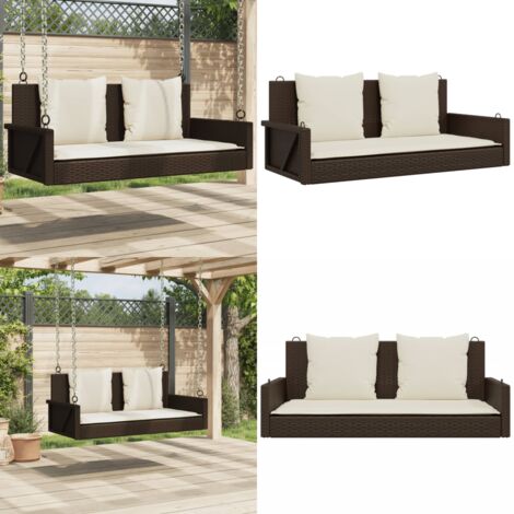 Balancelle avec coussins marron 119x56x48 cm résine tressée - Balancelle De Jardin - Banc De Jardin - Chaise Suspendue - Fauteuil Suspendu - Relaxations Extérieur - Home & Living