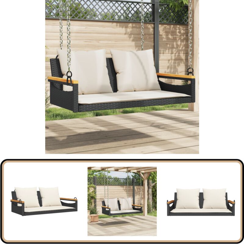 Balancelle avec coussins noir 109x62x40 cm résine tressée - Balancelle De Jardin - Banc De Jardin - Chaise Suspendue - Fauteuil Extérieur - Mobilier