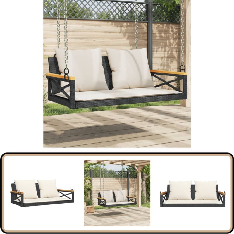 Balancelle avec coussins noir 109x62x40 cm résine tressée - Balancelle De Jardin - Banc De Jardin - Chaise Suspendue - Fauteuil Suspendu - Relax
