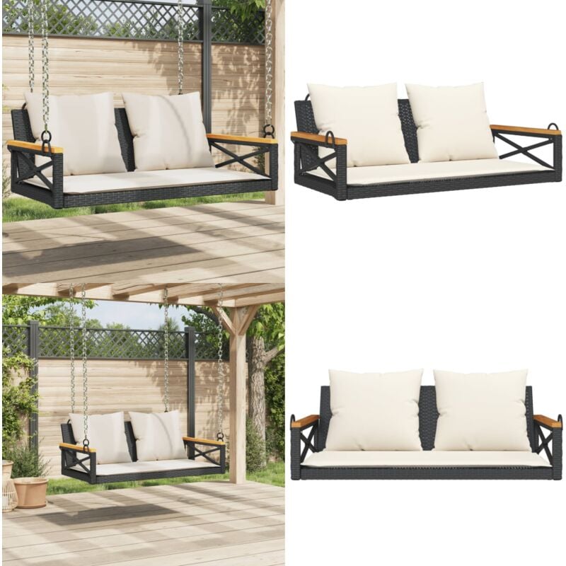 Balancelle avec coussins noir 109x62x40 cm résine tressée - Balancelle De Jardin - Banc De Jardin - Chaise Suspendue - Fauteuil Suspendu - Relax