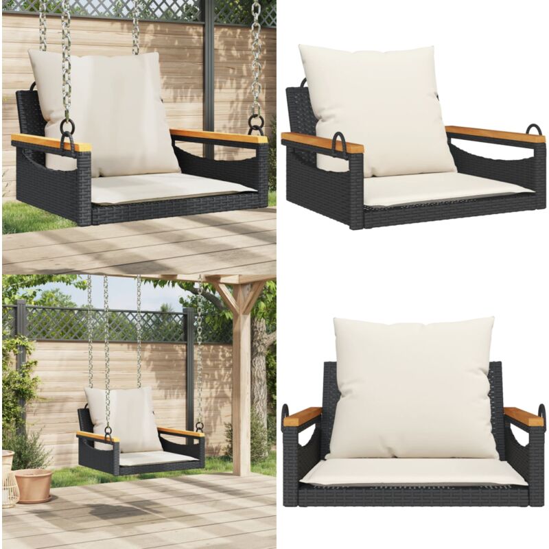 Balancelle avec coussins noir 63x62x40 cm résine tressée - Balancelle De Jardin - Banc De Jardin - Chaise Suspendue - Fauteuil Extérieur - Relax