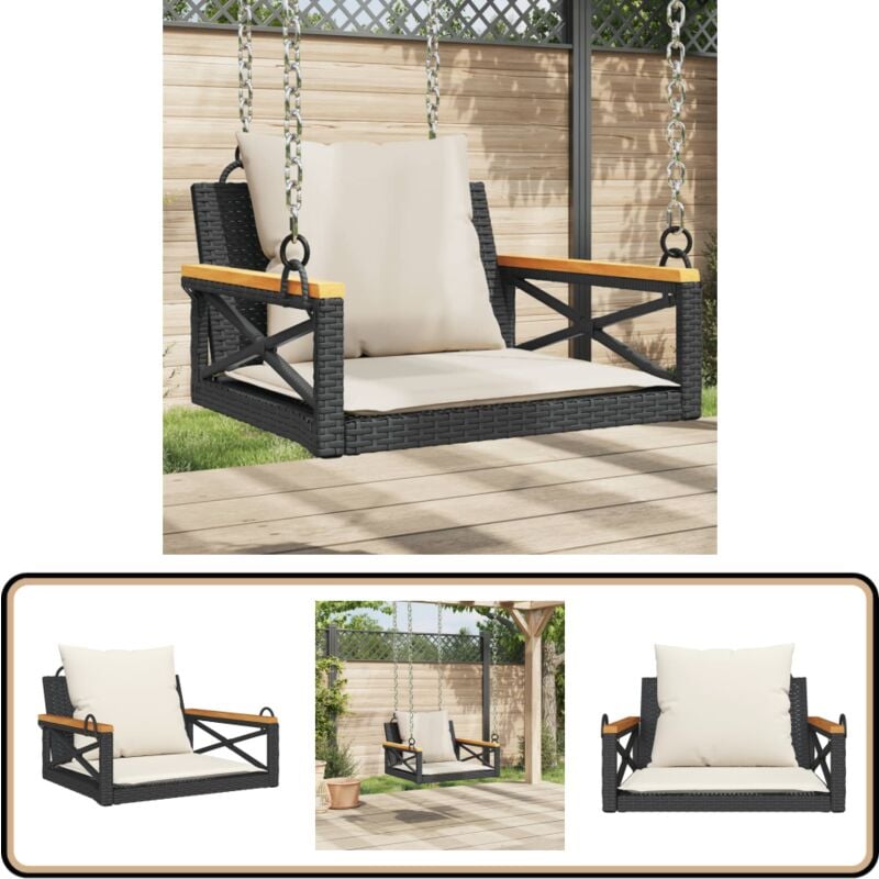 Balancelle avec coussins noir 63x62x40 cm résine tressée - Balancelle Jardin - Banc De Jardin - Chaise Suspendue - Fauteuil Balançoire - Relax Jardin