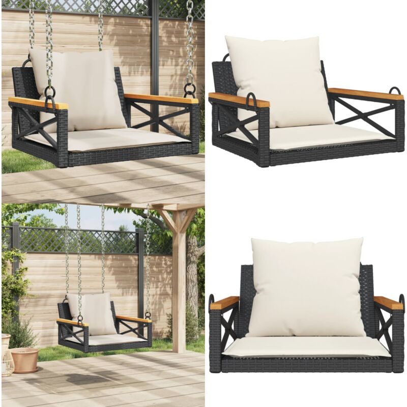 Balancelle avec coussins noir 63x62x40 cm résine tressée - Balancelle Jardin - Banc De Jardin - Chaise Suspendue - Fauteuil Balançoire - Relax Jardin