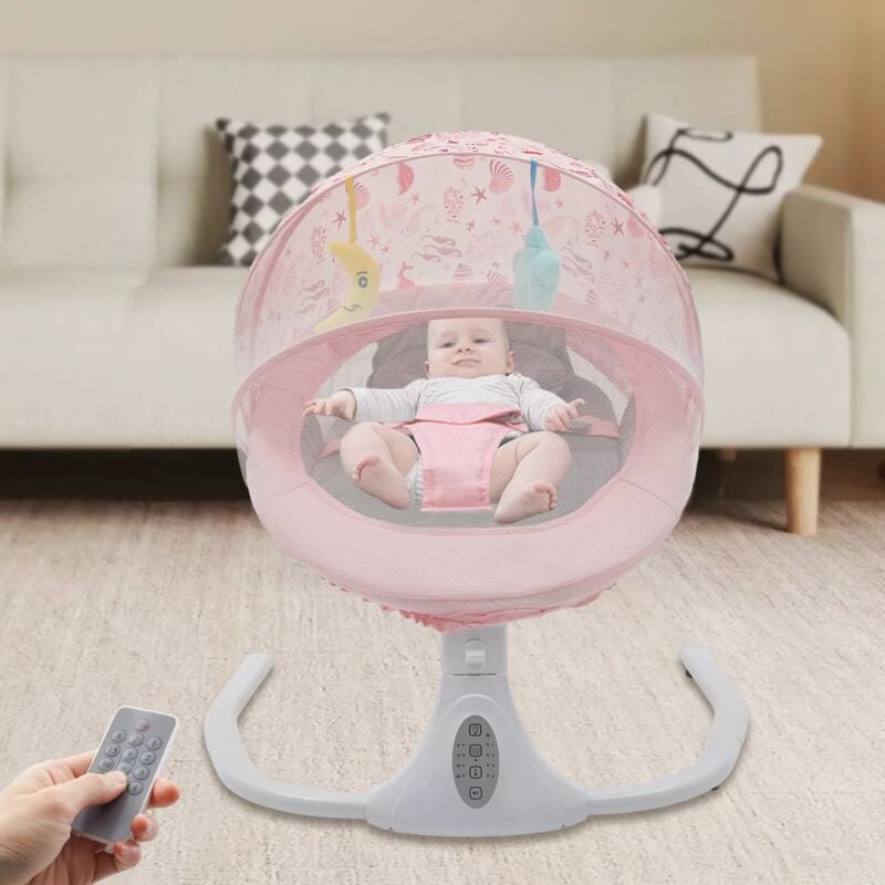 Balancelle Bebe Electrique, Transat Bebe Sécurisé avec Harnais 3 Points, pour Bébé 0-18 kg, Pliable, avec Bluetooth et Télécommande, Rose