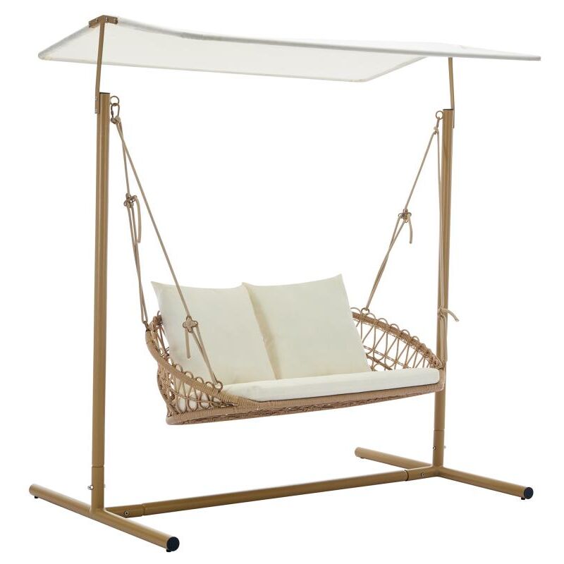 Balancelle de jardin 2 places avec auvent en résine tressée - Naturel clair - tolay de mylia