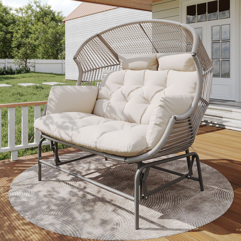 Balancelle de jardin 2 places, avec coussin et dossier, fauteuil à bascule d'extérieur, fer, gris