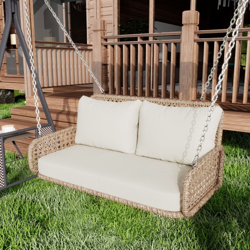 Balancelle de Jardin 2 Places avec Coussins Déhoussables et Chaînes 240 cm, Charge 320 kg, en Rotin PE, Fer et Tissu imperméable, Beige