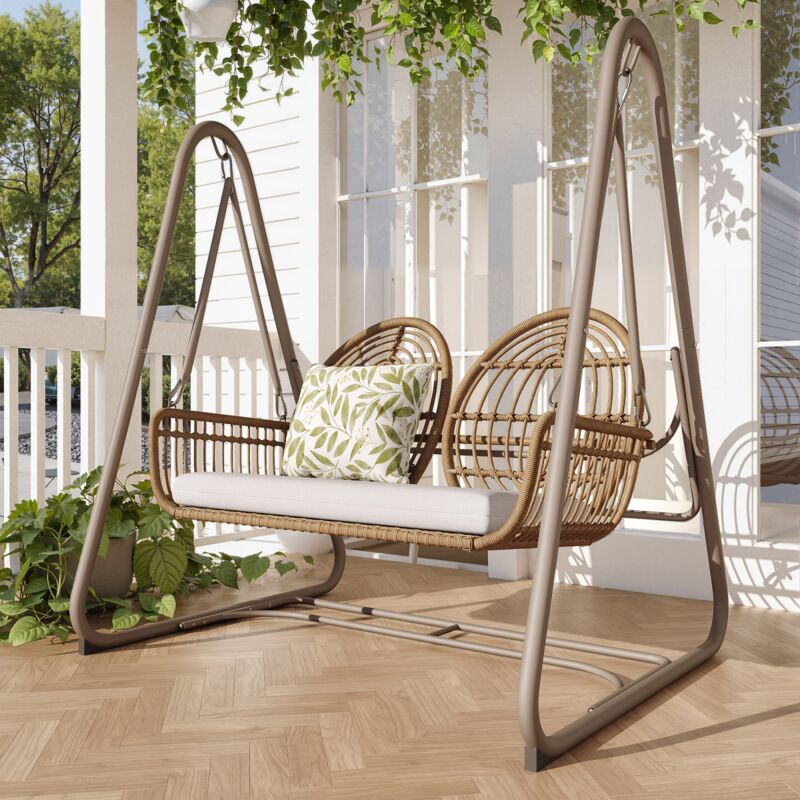 Balancelle de jardin 2 places, avec dossier et coussin de table, balançoire double en rotin pe, ensemble de mobilier de jardin extérieur – Marron