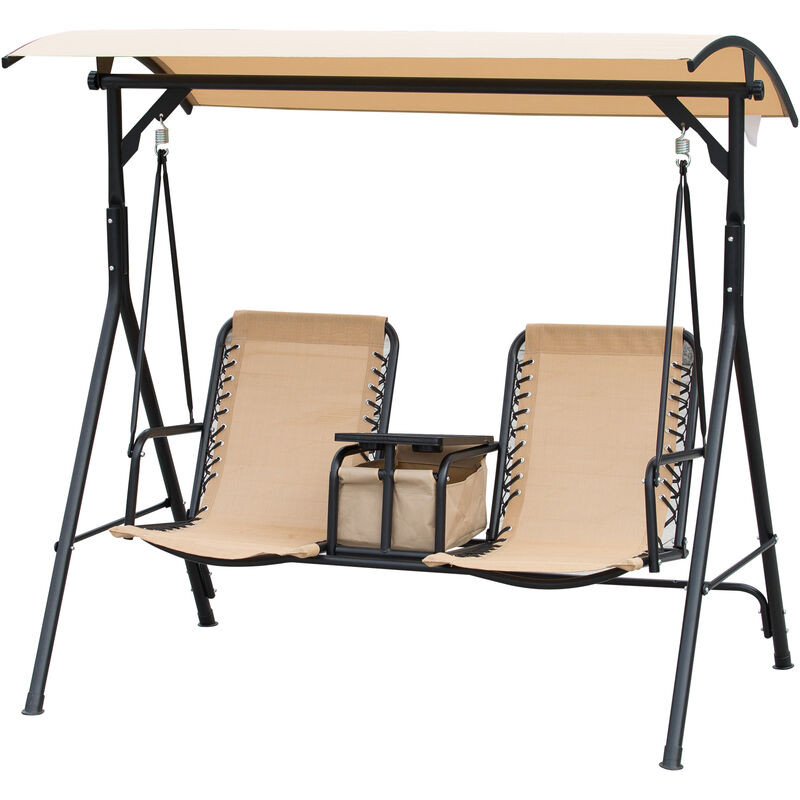 Balancelle de jardin 2 places table d'appoint pivotante + rangement intégré inclinaison toit réglable acier noir polyester beige