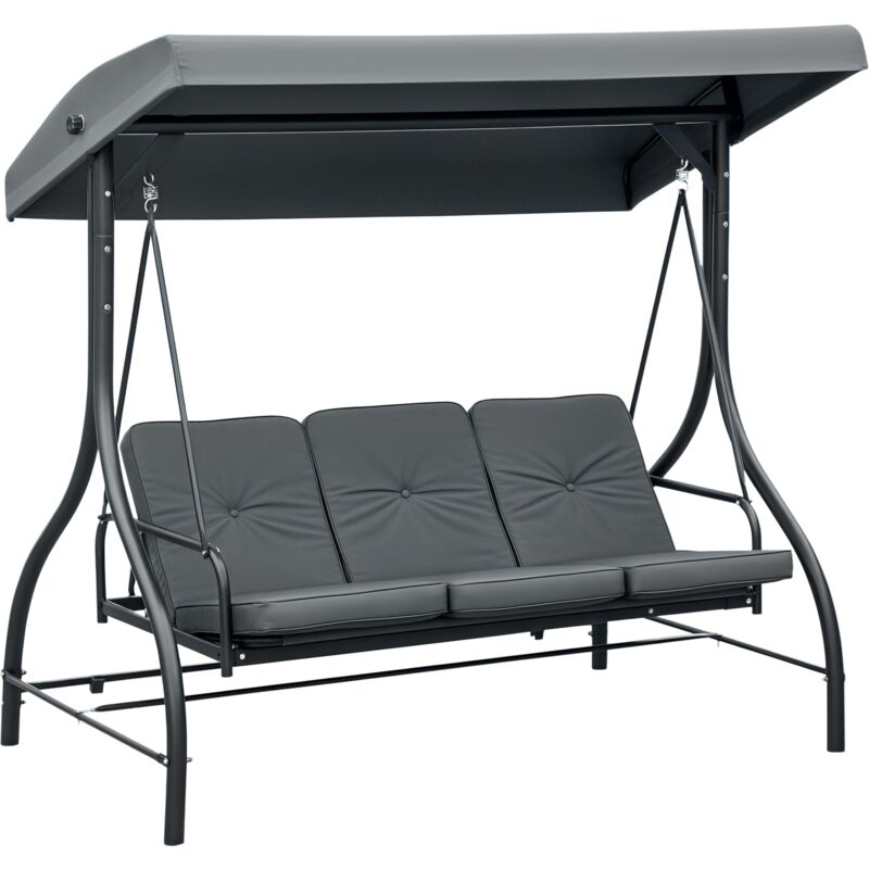Outsunny - Balancelle de jardin 3 places convertible matelas fourni gris métal noir