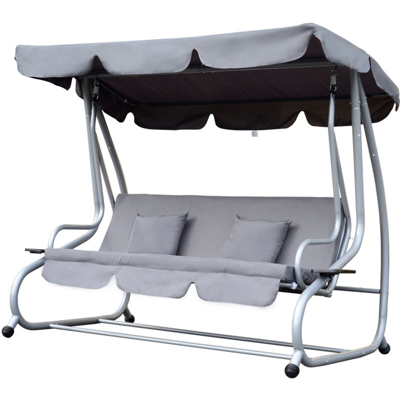 Outsunny - Balancelle de jardin 3 places convertible toit inclinaison réglable 2 tablettes support 2L x 1,2l x 1,64H m métal époxy noir polyester gris