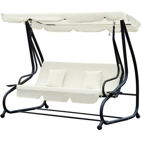 Balancelle de jardin 3 places convertible toit inclinaison réglable 2 tablettes support acier époxy gris polyester crème