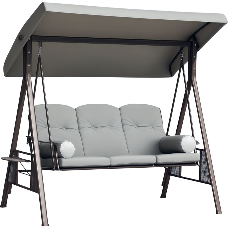 Balancelle de jardin 3 places grand confort toit inclinaison réglable coussins plateaux rétractables polyester filé gris