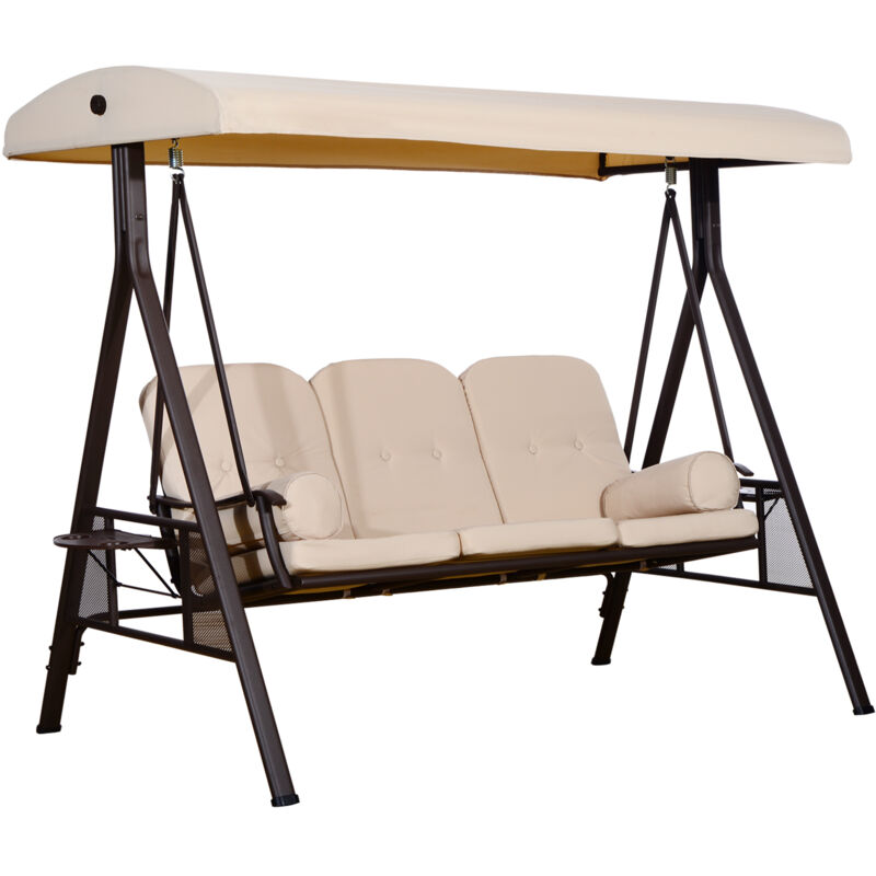 Balancelle de Jardin - Outsunny - 3 Places - Toit Inclinaison réglable Coussins Plateaux rétractables - 121x208x172cm - beige